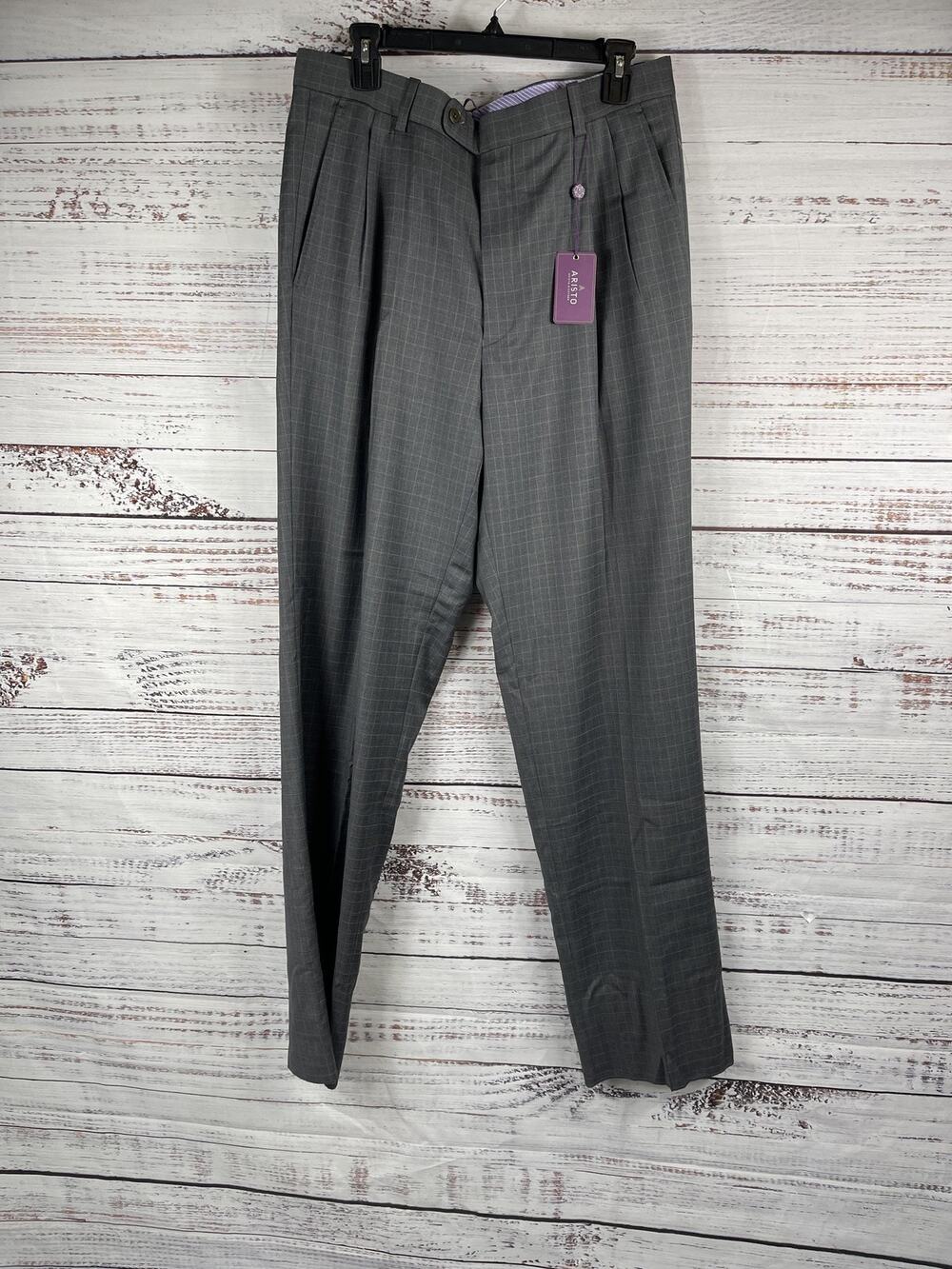 Aristo Pants Mens 34 Gray Light Grey Plaid Aberdeen Wool Dress Pleated Lined New